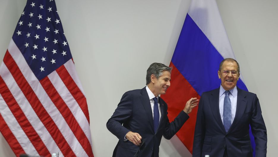 REYKJAVIK, ICELAND - MAY 20: (----EDITORIAL USE ONLY â MANDATORY CREDIT - " RUSSIAN FOREIGN MINISTRY / HANDOUT" - NO MARKETING NO ADVERTISING CAMPAIGNS - DISTRIBUTED AS A SERVICE TO CLIENTS----) US Secretary of State, Antony Blinken (L) meets Russian Foreign Minister Sergey Lavrov (R) within the Arctic Council meeting in Reykjavik, Iceland on May 20, 2021. (Photo by RUSSIAN FOREIGN MINISTRY/Anadolu Agency via Getty Images)