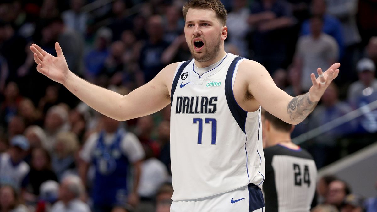 DALLAS, TEXAS - MARCH 07: Luka Doncic #77 of the Dallas Mavericks reacts to a call while taking on the Utah Jazz in the fourth quarter at American Airlines Center on March 07, 2023 in Dallas, Texas. (Photo by Tom Pennington/Getty Images)