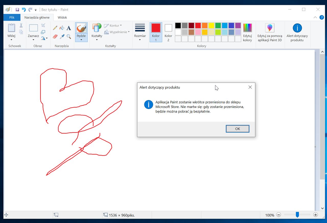 Ostrzeżenie o przeniesieniu Painta do Microsoft Store