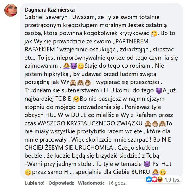 Dagmara i Gabriel z "Królowych życia" kłócą się na Facebooku