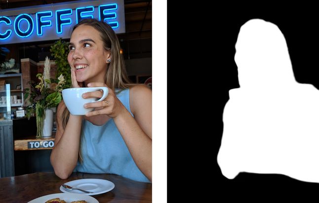 Po lewej: zdjęcie zrobione Pixelem 2. Po prawej: maska separacyjna powstała po wykryciu osoby na zdjęciu