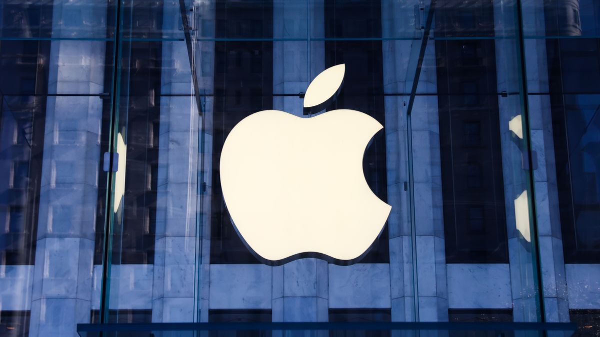 Apple logo is seen near the store in New York City, United States on October 22, 2022. (Photo by Jakub Porzycki/NurPhoto via Getty Images)