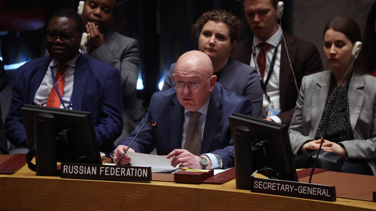 NEW YORK, NEW YORK - MAY 15: Representative of Russia to the United Nations Vasily Nebenzya speaks at a Security Council meeting concerning the Maintenance of Peace and Security of Ukraine at the United Nations on May 15, 2023 in New York City. Members were briefed via video by U.N. aid chief Martin Griffiths, who discussed the ongoing humanitarian crisis along the front line towns and cities in Ukraine as the conflict with Russia continues. (Photo by Spencer Platt/Getty Images)