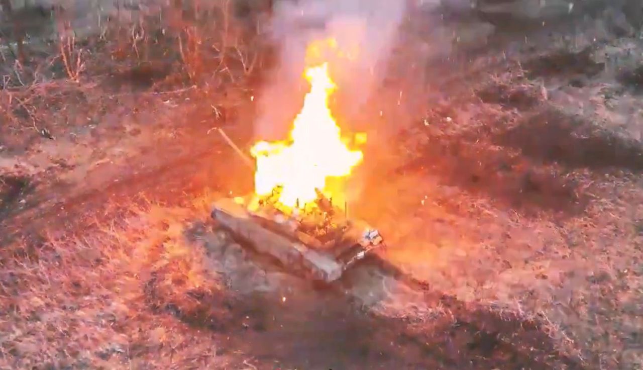 Burning Russian tank T-90M