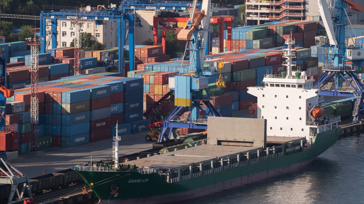 VLADIVOSTOK, RUSSIA - AUGUST 08: Shipping containers are being loaded onto container ships in the Vladivostok Sea Commercial Port, the largest universal port in the entire Far Eastern region with an annual cargo turnover of more than 12.9 million tons in Vladivostok, Russia on August 08, 2024. The port is used for coastal and foreign trade transport. The main external cargo transshipment routes through Vladivostok connect to Southeast Asia, including China, South Korea, and other Asia-Pacific countries. The geographical and climatic conditions of the port allow for year-round navigation. (Photo by Alexander Manzyuk/Anadolu via Getty Images)