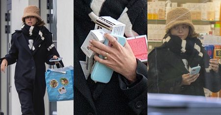 Ukrywająca się pod pluszowym kapelutkiem Joanna Opozda załatwia sprawunki na mieście, eksponując okazały pierścionek