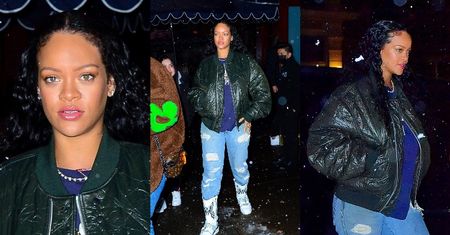 Rihanna w bomberce za 5,5 tysiąca i oryginalnych butach drałuje przez zaśnieżoną ulicę na randkę z ASAPem Rocky (ZDJĘCIA)