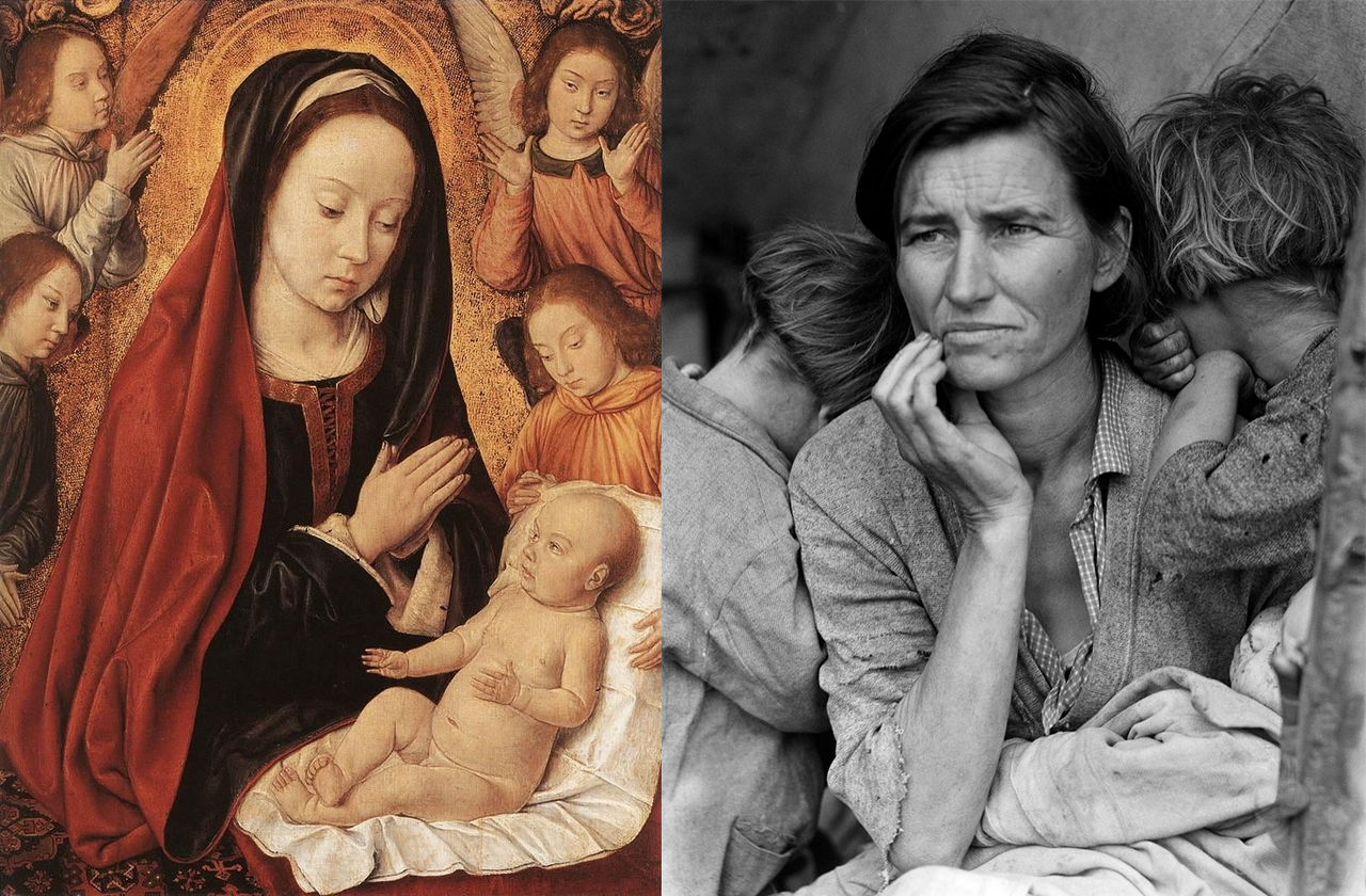 Po lewej: Madonna z Dzieciątkiem w otoczeniu Aniołów autorstwa Mistrza z Moulins (około roku 1490)Po prawej: Migrant Mother autorstwa Dorothei Lange