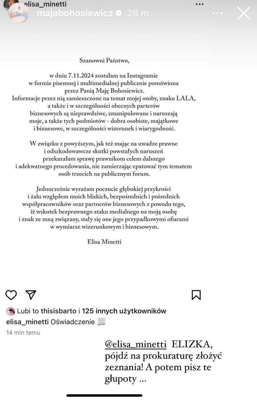 Maja Bohosiewcz skomentowała oświadczenie Elisy Minetti