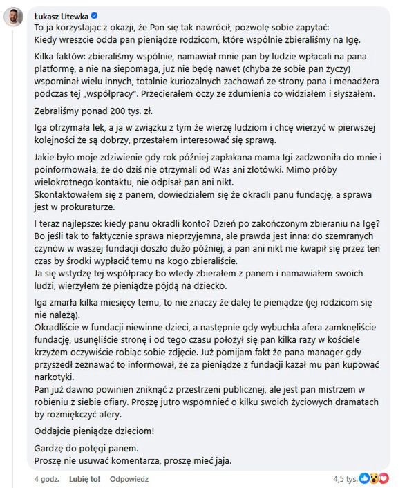 Łukasz Litewka oskarża Filipa Chajzera o nierozliczenie zbiórki 