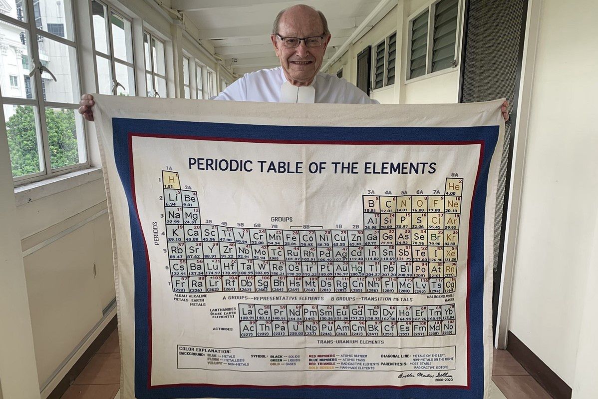 Retired Monk stitches stunning Mendeleev table. A 20-year masterpiece of over a million stitches