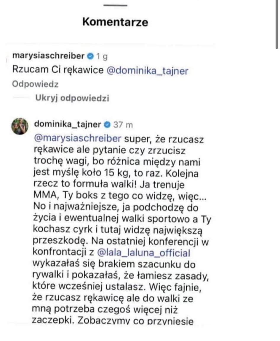 Marianna Schreiber chce się bić z Dominiką Tajner