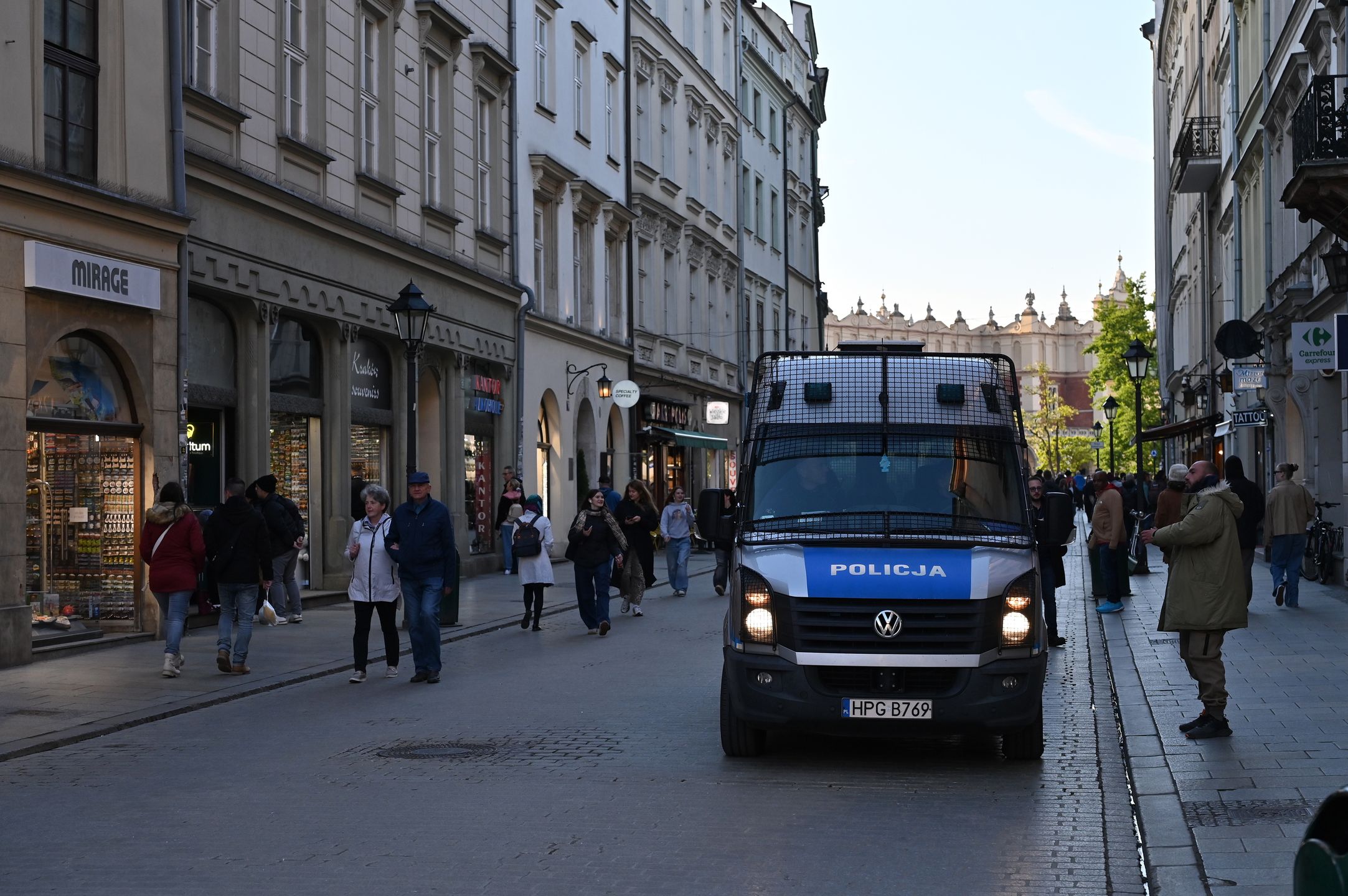 KRAKOW, POLAND - MAY 19: A Policja (Police) van patrols a street in the old town area on May 19, 2025 in Krakow, Poland. (Photo by John Keeble/Getty Images)