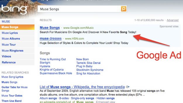 Google reklamuje się na Bing.com 1