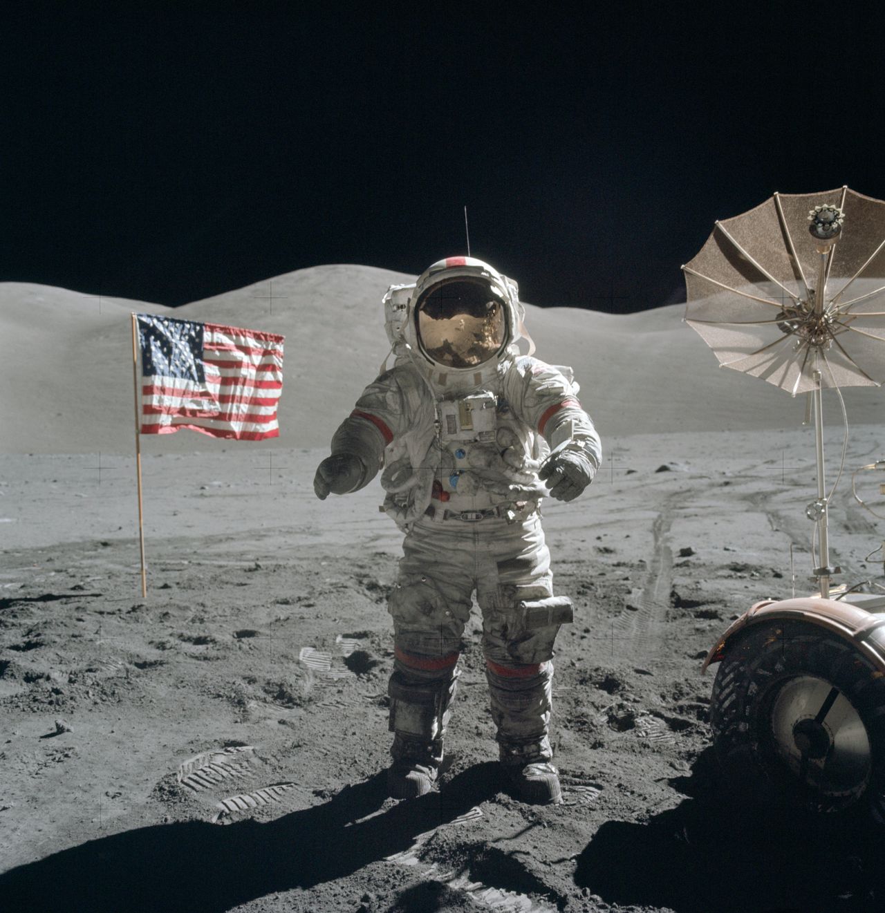 Apollo 17. The photo shows Eugene Cernan on the Moon. He is the last astronaut who walked on the surface of the Moon.