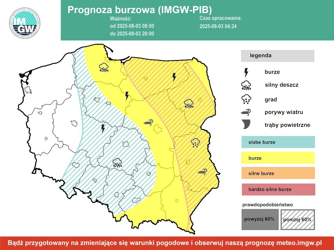 Prognoza burzowa IMGW na niedzielę 3 sierpnia 2025
