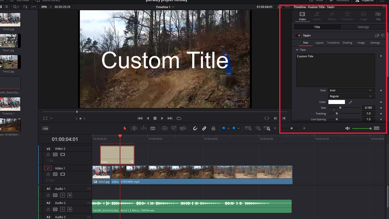 DaVinci Resolve: menu edycji napisów