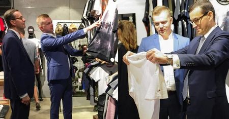 Dumny Morawiecki przechadza się po sklepie z odzieżą patriotyczną