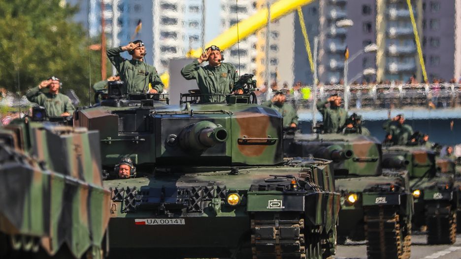 Leopard 2 tanks are seen diring the military parade on Polish Armed Forces Day in Katowice, Poland on 15th August, 2019. Over 2,600 soldiers, 190 vehicles and 60 aircraft took part in the 'Faithful to Poland' parade to honour the 100th anniversary of the outbreak of the 1st Silesian Uprising
 (Photo by Beata Zawrzel/NurPhoto via Getty Images)
