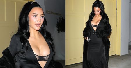 Kim Kardashian odsłania koronkową bieliznę w eleganckiej sukni. Dobra kreacja na świąteczne spotkanie? (ZDJĘCIA)