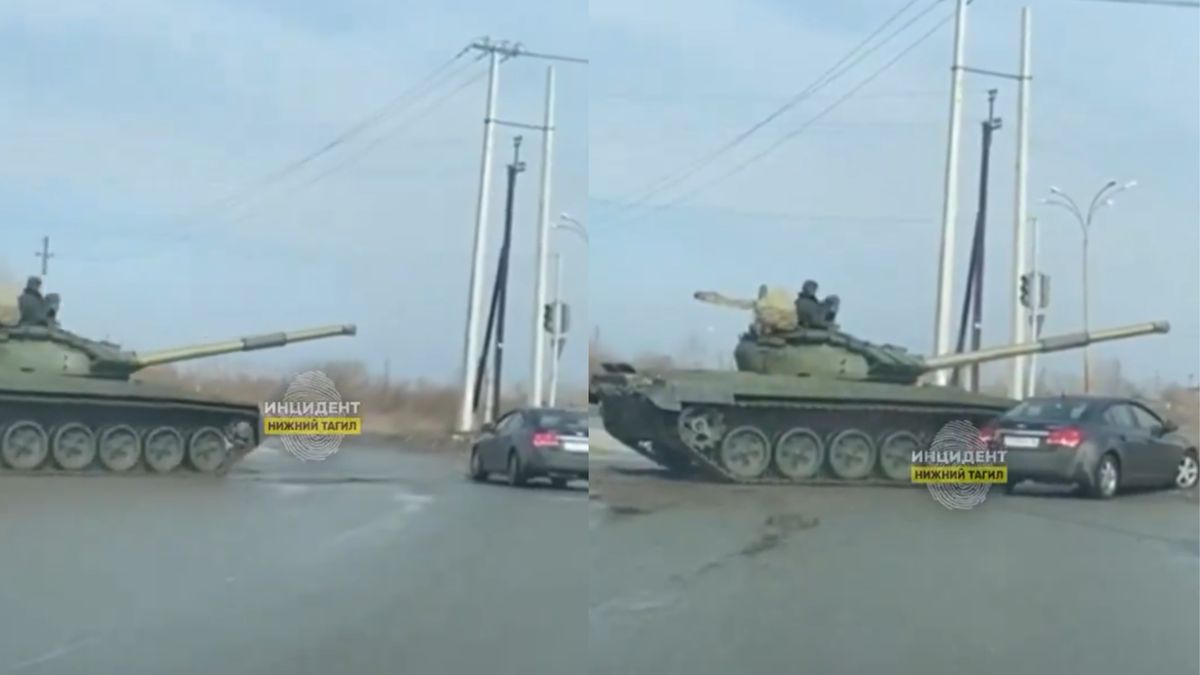 Kolizja czołgu z samochodem w Rosji