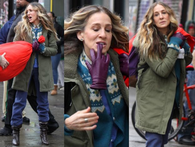 Sarah Jessica Parker szarpie się z workiem i gryzie rękawiczkę na planie serialu