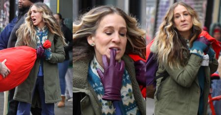Sarah Jessica Parker szarpie się z workiem i gryzie rękawiczkę na planie serialu