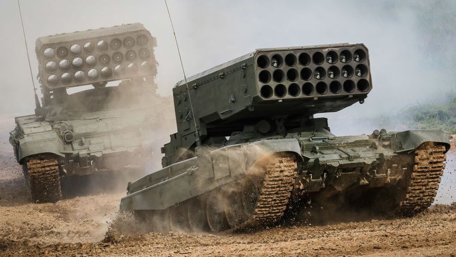 Russian Army  TOS-1A "Solntsepyok (Blazing Sun)" multiple
MOSCOW, RUSSIA - 2021/08/25: Russian Army  TOS-1A "Solntsepyok (Blazing Sun)" multiple rocket launcher and thermobaric weapon mounted on a T-72 tank chassis seen during the annual Army Games defense technology international exhibition.
The International Army Games is an annual Russian military sports event organized by the Ministry of Defense of Russia. The event, which was first staged in August 2015, involves close to 30 countries taking part in dozens of competitions over two weeks to prove which is the most skilled. Dynamic demonstration is a part of the Army Games public display. (Photo by Leonid Faerberg/SOPA Images/LightRocket via Getty Images)
SOPA Images
annual, armored, army games, blazing sun, defense technology, multiple rocket launcher, russian army, solntsepyok, t-72, tank, tank chassis, thermobaric weapon, tos-1a