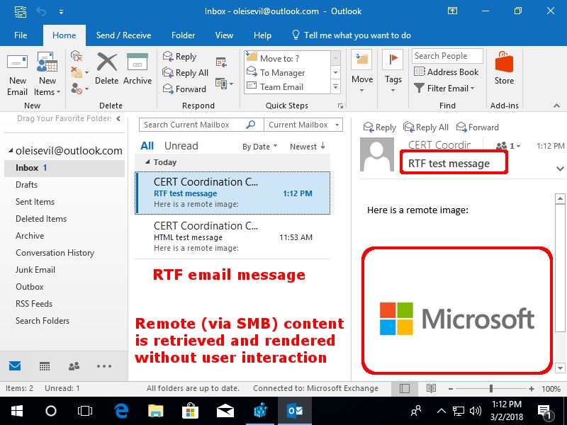 Outlook wyświetla wiadomość RTF z osadzonym obrazkiem (źródło: CERT CC)