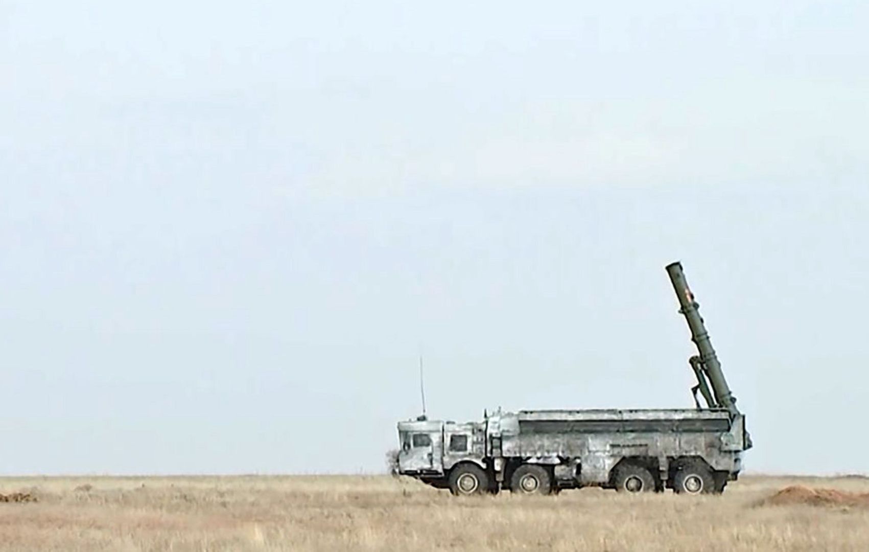 9K720 Iskander SRBM test launch in Astrakhan Region, RussiaASTRAKHAN REGION, RUSSIA - FEBRUARY 19, 2022: A 9K720 Iskander short-range ballistic missile test launch takes place at the Kapustin Yar range as part of the strategic deterrence force drills. Russian Defence Ministry/TASSVIDEO SCREEN GRAB. BEST QUALITY AVAILABLE. THIS STILL IMAGE WAS PROVIDED 19 February 2022 BY A THIRD PARTY. EDITORIAL USE ONLY (Photo by Russian Defence Ministry\TASS via Getty Images)Russian Defence Ministry