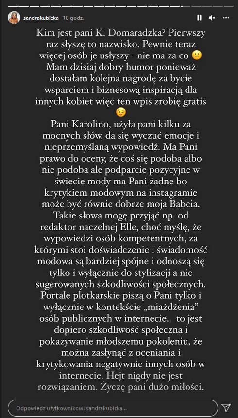 Reakcja Sandry Kubickiej na wpis Domaradzkiej 