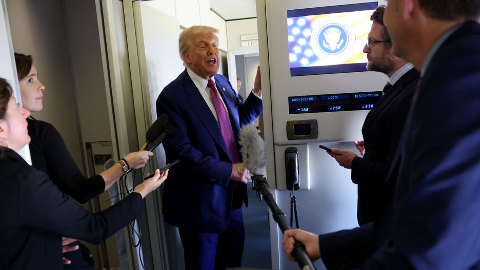 DOHA, QATAR - MAY 15:  U.S. President Donald J. Trump speaks to journalists as he departs the Al Udeid Air Base for Abu Dhabi on May 15, 2025, in Doha, Qatar. Trump is on the third day of his visit to the Gulf to underscore the strategic partnership between the United States and Qatar, focusing on regional security and economic collaboration and will visit Abu Dhabi, United Arab Emirates next.   (Photo by Win McNamee/Getty Images)