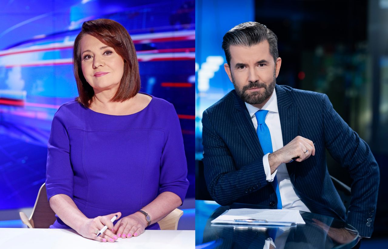 Danuta Holecka prowadząca Wiadomości (TVP1). Piotr Marciniak prowadzący Fakty (TVN)