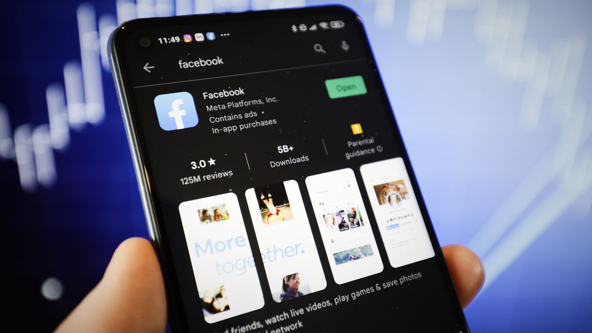 The Facebook app is seen on the Google Play store on a mobile device in this photo illustration in Warsaw, Poland on 23 February, 2022. (Photo by STR/NurPhoto via Getty Images)