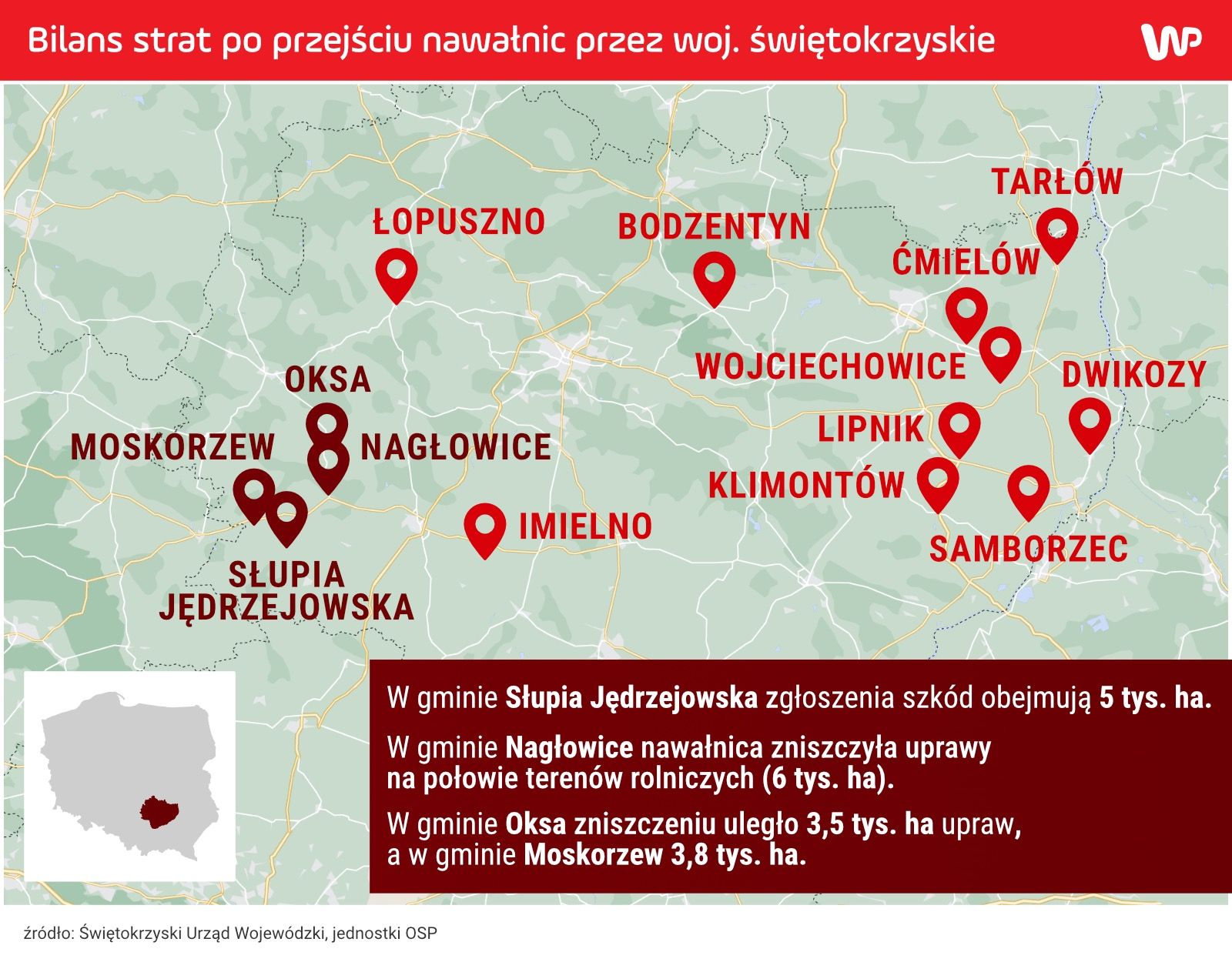 Mapa strat po przejściu frontu burzowego