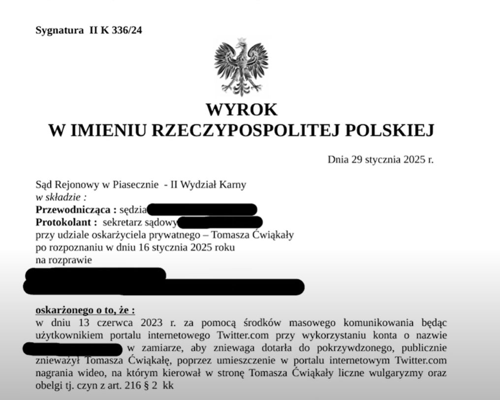 Sąd skazał hejtera Tomasza Ćwiąkały