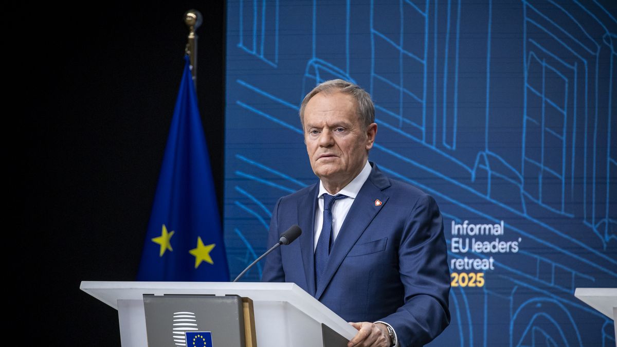 Prime Minister of Poland Donald Tusk at a joint press conference with the President of the European Commission Ursula von der Leyen and the President of the European Council Antonio Costa after the Informal EU leader's retreat at Egmont Palace. Justus Lipsius building, Brussels, Belgium on February 3, 2025 (Photo by Nicolas Economou/NurPhoto via Getty Images)