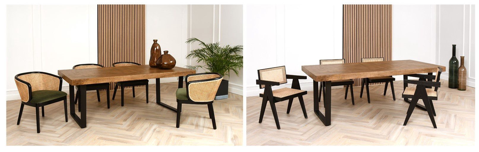 Loftowy stół Lugo z fotelami Borneo w stylu boho (z lewej) i modernistycznymi fotelami Matisse (z prawej). 