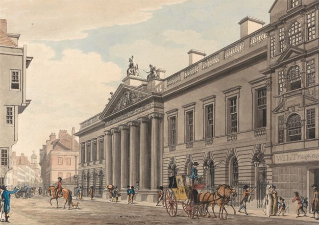 Siedziba Kompanii Wschodnioindyjskiej w Londynie na obrazie Thomasa Maltona Młodszego, ok. 1800 r. 