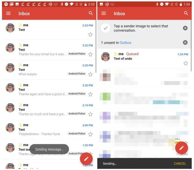 Dotychczasowe (z lewej) i nowe (z prawej) powiadomienie o wysyłanej wiadomości w Gmailu, źródło: Android Police.