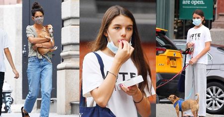 "Zamaseczkowane" Katie Holmes i Suri Cruise przemykają nowojorską ulicą na spacerze z psami (ZDJĘCIA)