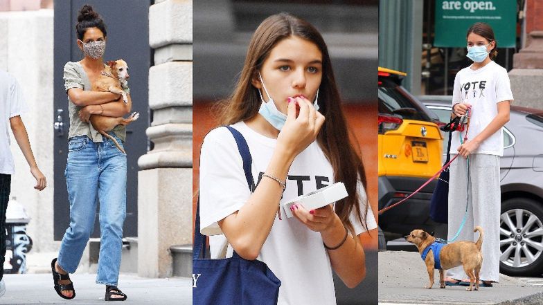 "Zamaseczkowane" Katie Holmes i Suri Cruise przemykają nowojorską ulicą na spacerze z psami (ZDJĘCIA)