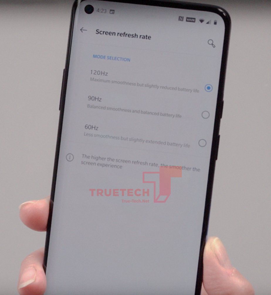 Tak ma wyglądać OnePlus 8 Pro. Na ekranie menu wyboru częstotliwości odświeżania ekranu