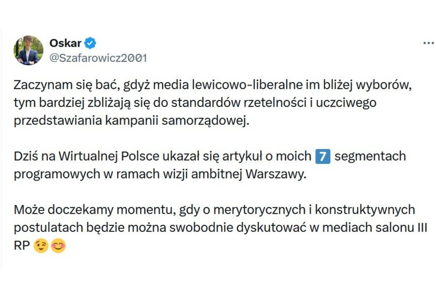 Wpis Oskara Szafarowicza o artykule na łamach WP