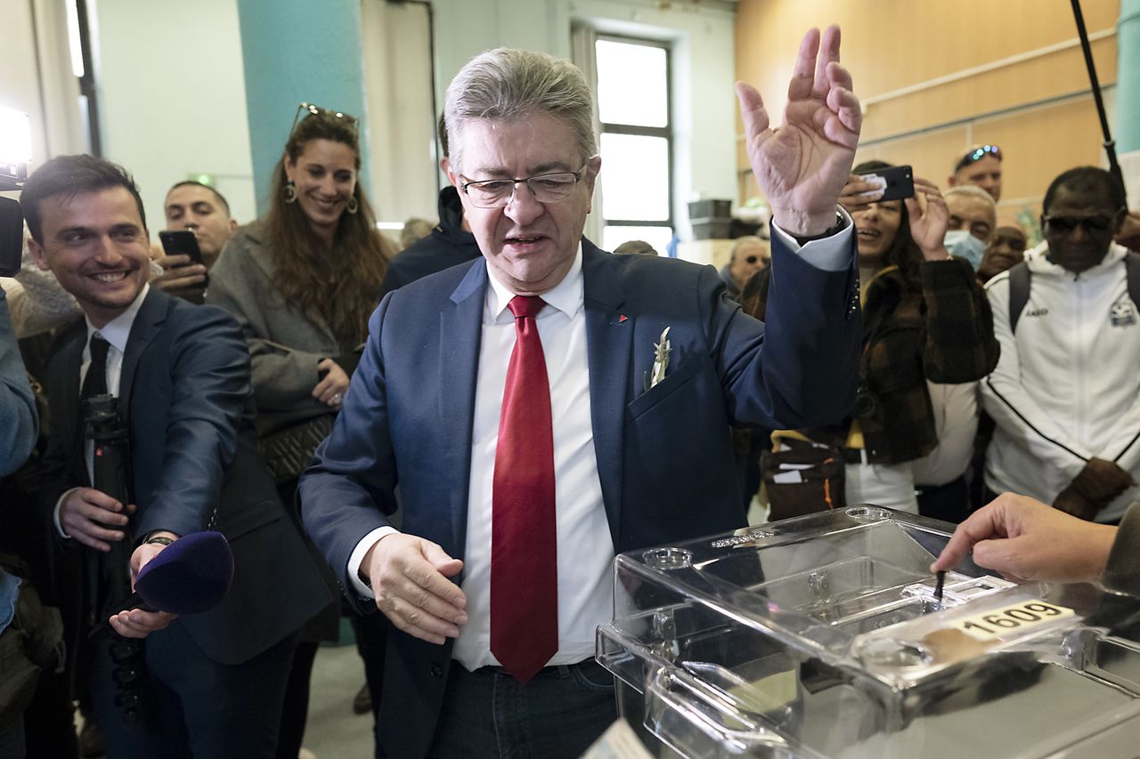 Jean-Luc Melenchon, French presidential candidate, casts his vote at a polling station during the first round of the French presidential election in Marseille, France, on Sunday, April 10, 2022. Voting booths opened on Sunday morning in France in a tight race between Emmanuel Macron and nationalist leader Marine Le Pen. Photographer: Jeremy Suykur/Bloomberg via Getty Images