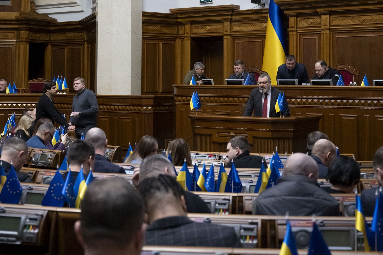KYIV, UKRAINE - JANUARY 15: Secretary of the National Security and Defense Council of Ukraine Oleksandr Lytvynenko speaks from the podium to the deputies in the Verkhovna Rada on January 15, 2025 in Kyiv, Ukraine. Verkhovna Rada extended martial law and general mobilization until May 9, 2025. (Photo by Andrii Nesterenko/Global Images Ukraine via Getty Images)