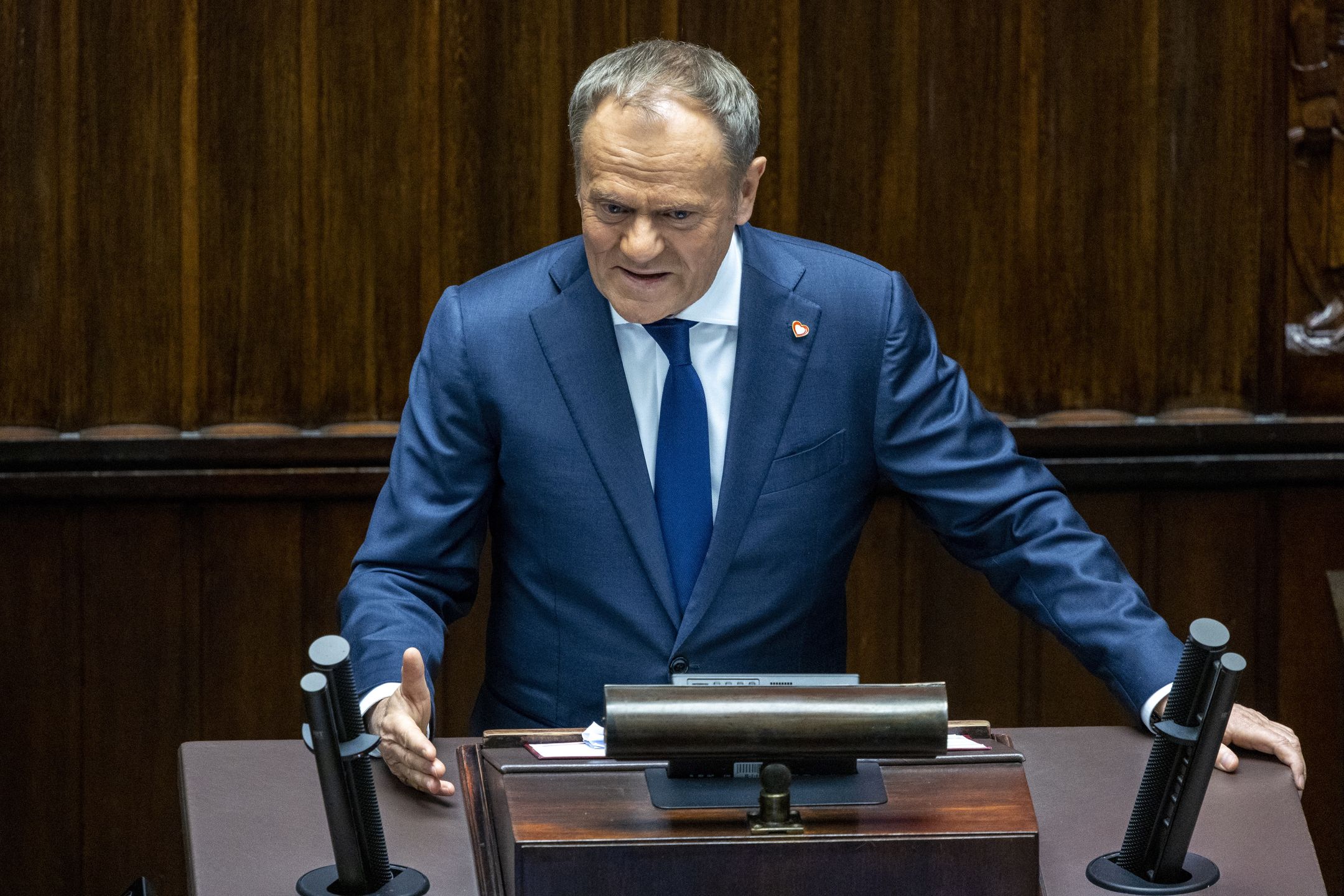 Polish Prime Minister Donald Tusk speaks in parliament on the situation in Ukraine after an EU summit meeting in Brussels, in Warsaw, Poland, on March 7, 2025. (Photo by Andrzej Iwanczuk/NurPhoto via Getty Images)