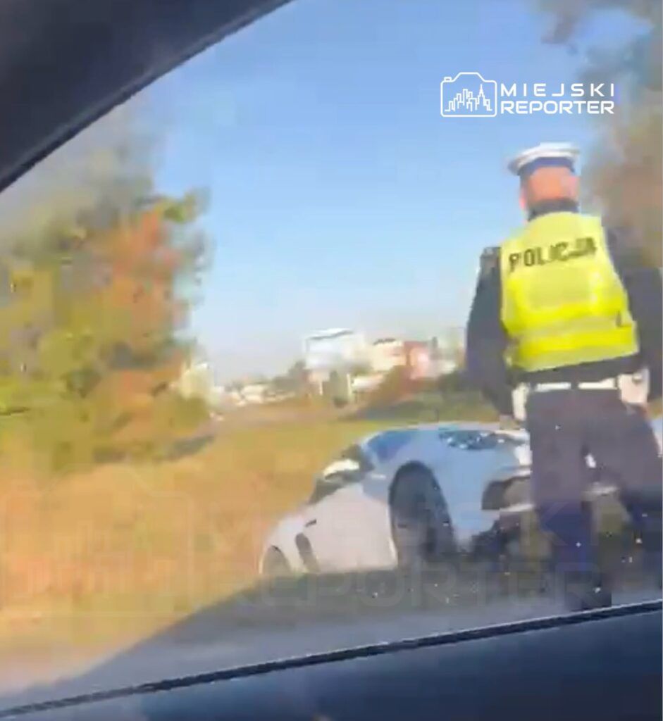 Policjant w kamizelce odblaskowej kontroluje uszkodzony samochód sportowy na poboczu drogi.