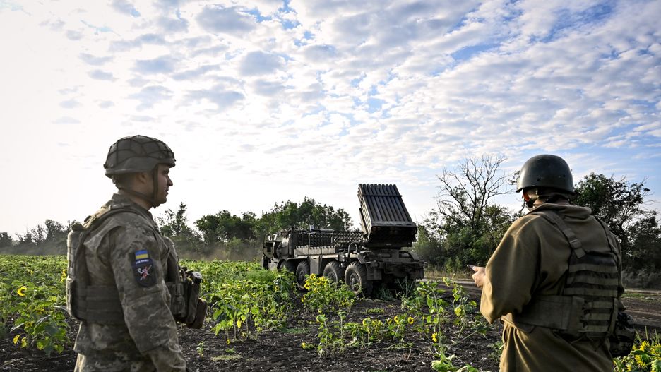 DONETSK REGION, UKRAINE - AUGUST 7, 2024 - Artillerymen of the 110th Marko Bezruchko Separate Mechanized Brigade who serve in the Pokrovsk direction are by an RM-70 multiple rocket launcher at a firing position, Donetsk region, eastern Ukraine.  (Photo credit should read Dmytro Smolienko / Ukrinform/Future Publishing via Getty Images)