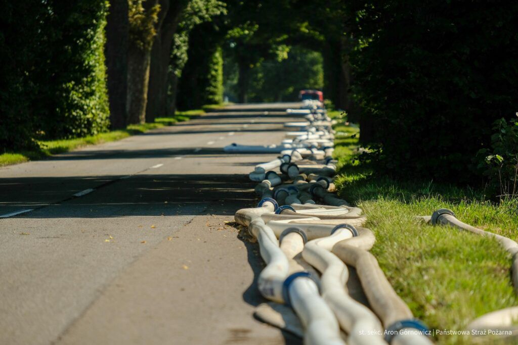 Długie węże strażackie rozłożone na drodze w otoczeniu drzew, z widocznym ruchem samochodowym w tle.